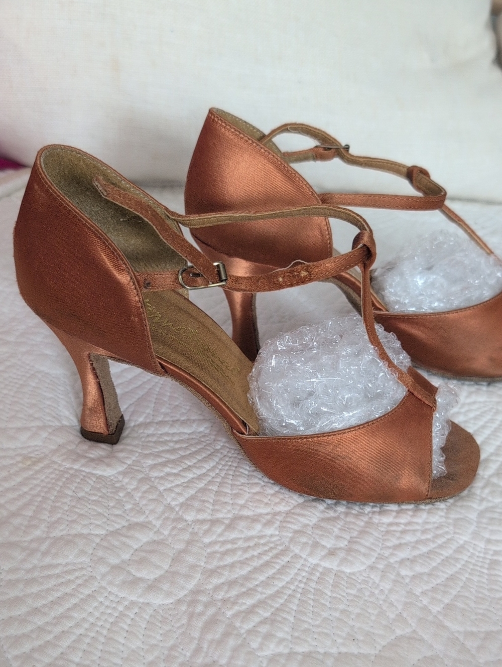 26 International Copper Satin T-Strap Heels